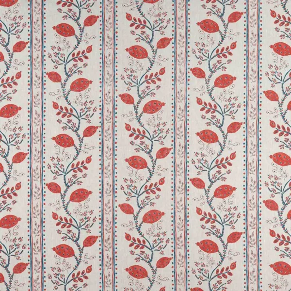 Pomegranate Trail Fabric - Red / French Blue / Natural by blue botanical linen fabric from Nina Campbell