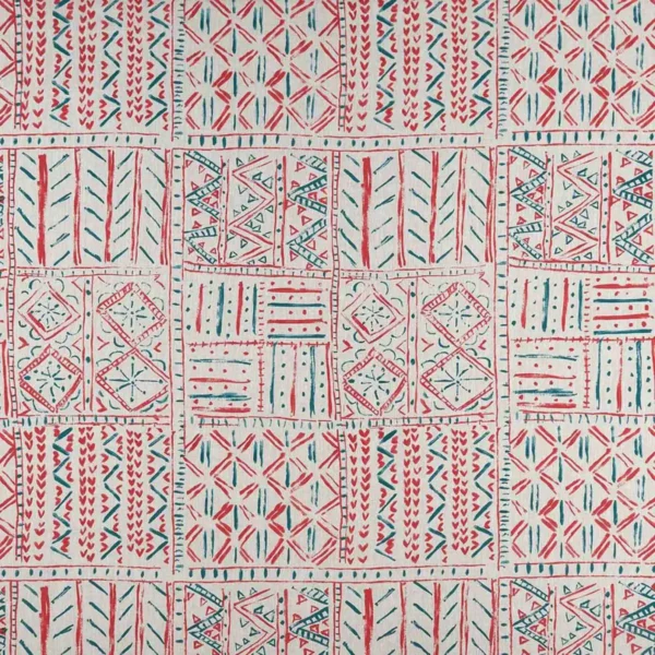 Cloisters Fabric - Red / French Blue / Natural by blue misc linen fabric from Nina Campbell