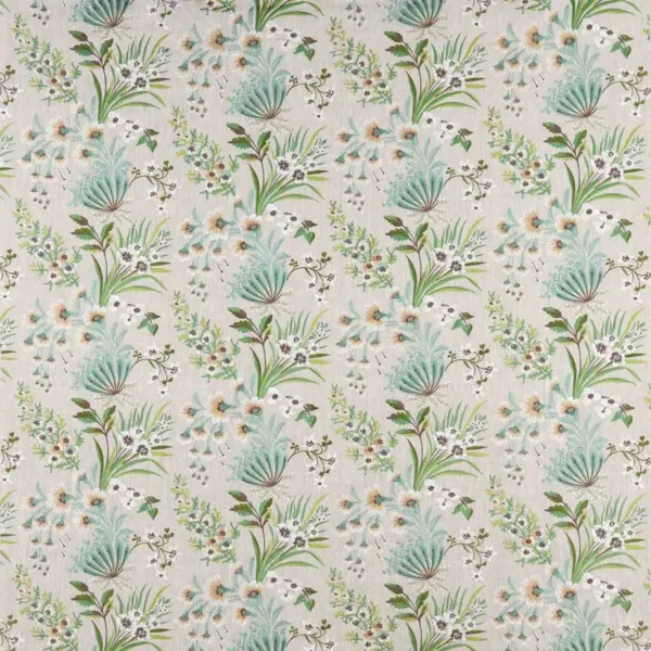 Michelham Fabric - Aqua / Green by blue botanical embroideried fabric from Nina Campbell