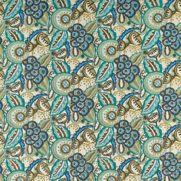 Marchmain Fabric - Teal / Blue / Ochre by blue botanical jacquard fabric from Nina Campbell