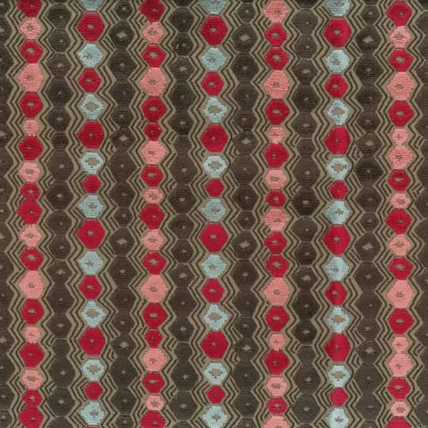 Flyte Fabric - Chocolate / Red / Aqua by black-grey geometric jacquard fabric from Nina Campbell