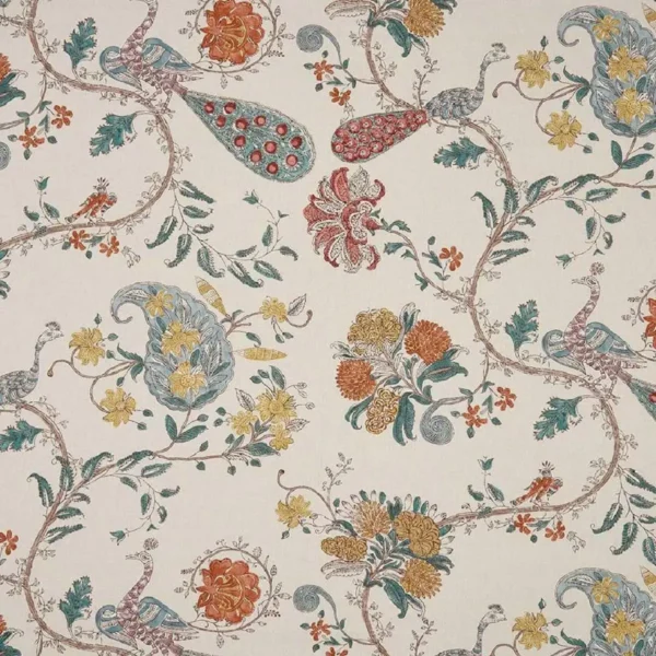 Parvani Fabric - Russet / Teal / Ochre by orange botanical cotton fabric from Nina Campbell