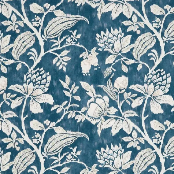Pondicherry Fabric - Indigo by blue botanical cotton fabric from Nina Campbell