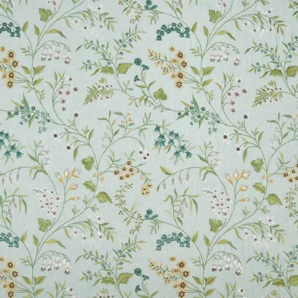 blue botanical embroideried fabric from Nina Campbell