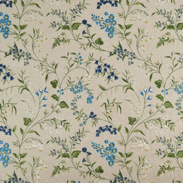 blue botanical embroideried fabric from Nina Campbell