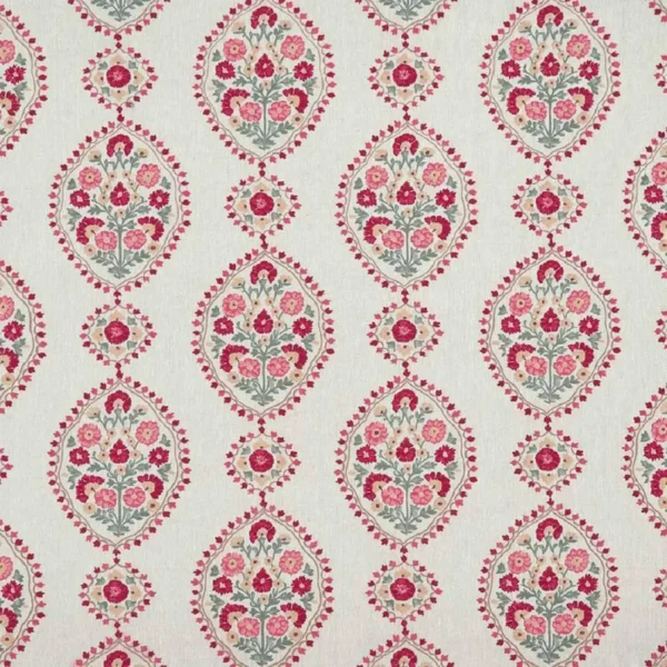 red botanical embroideried fabric from Nina Campbell