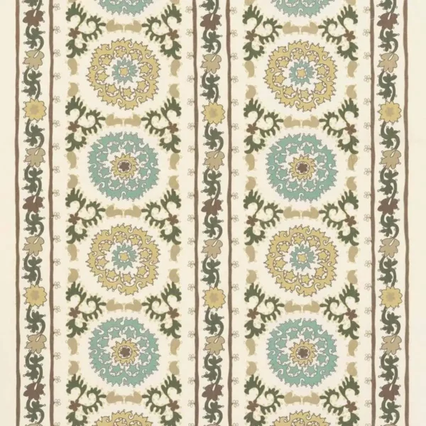 Maracanda Fabric - Aqua / Ochre / Ivory by green traditional embroideried fabric from Nina Campbell