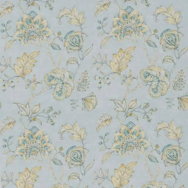 Samarra Fabric - Aqua / Ochre by blue botanical linen fabric from Nina Campbell
