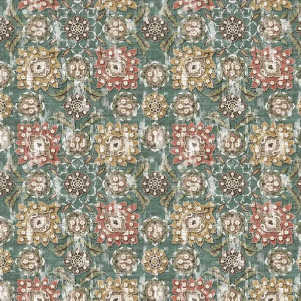 Holkar Fabric - Teal / Russet / Ochre by green botanical printed fabric from Nina Campbell