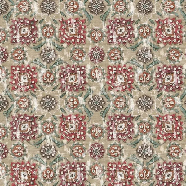 Holkar Fabric - Ecru / Red / Russet / Ochre by neutral botanical printed fabric from Nina Campbell
