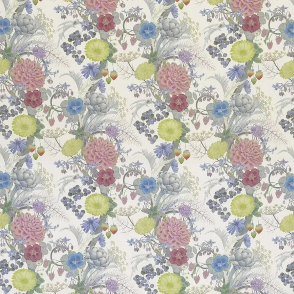 Carlotta Fabric - Aqua / Lemon / Blush by multicolour botanical linen fabric from Osborne & Little