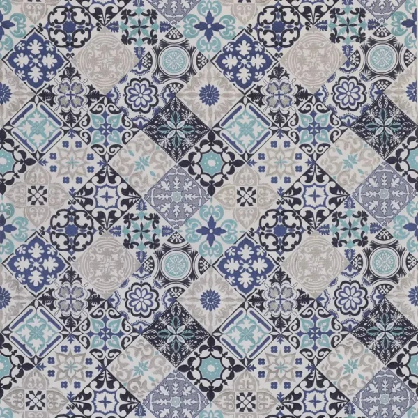 blue geometric embroideried fabric from Osborne & Little