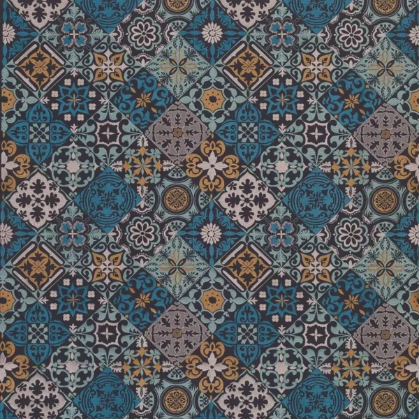 Cervo Fabric - Indigo / Turquoise / Copper by blue geometric embroideried fabric from Osborne & Little