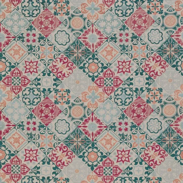 Cervo Fabric - Aqua / Coral by multicolour geometric embroideried fabric from Osborne & Little