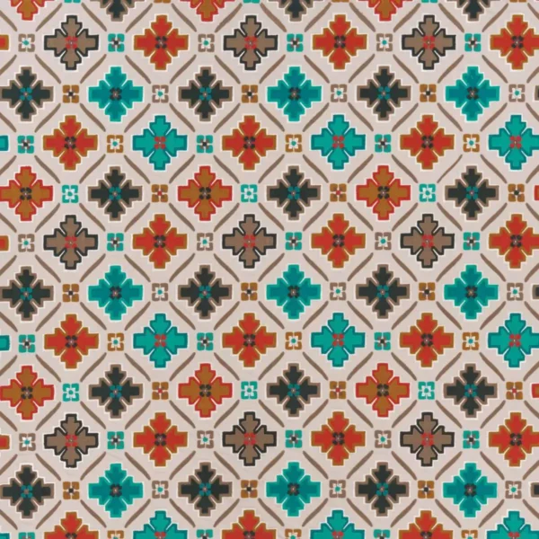 Tarbouche Fabric - Stone / Peacock / Mandarin by multicolour geometric embroideried fabric from Osborne & Little