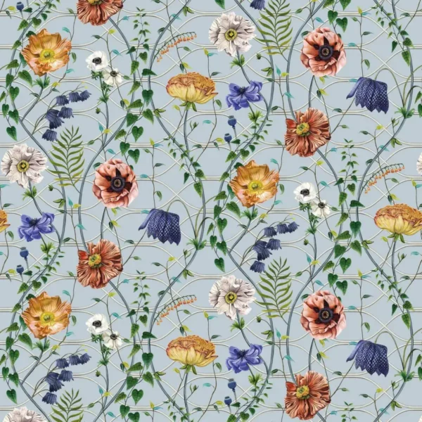 Lamorran Trail Fabric - Sky by blue botanical cotton fabric from Osborne & Little