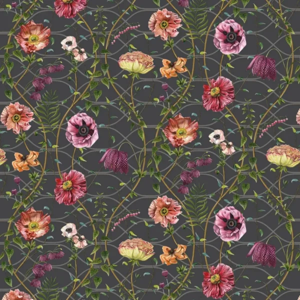 Lamorran Trail Fabric - Charcoal by black-grey botanical cotton fabric from Osborne & Little