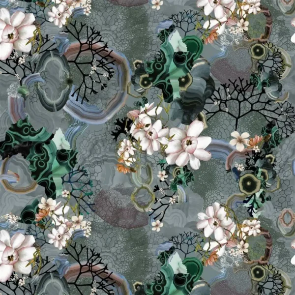 Algae Bloom Fabric - Graphite by black-grey botanical cotton fabric from Christian Lacroix