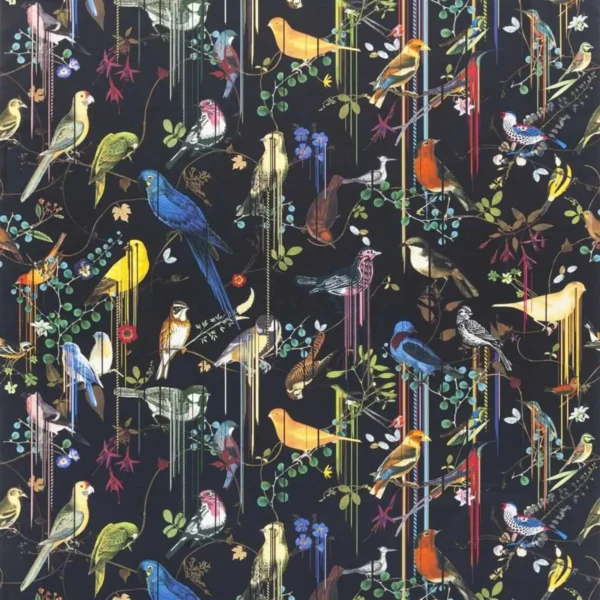 Birds Sinfonia Fabric - Crepuscule by black-grey animal cotton fabric from Christian Lacroix