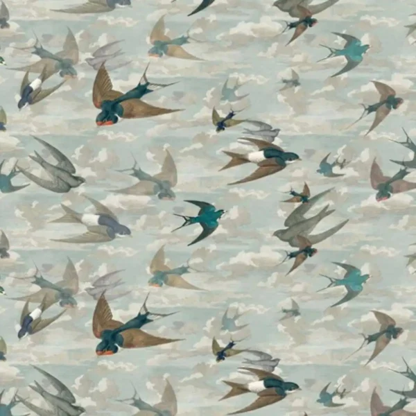 Chimney Swallows Fabric - Sky Blue by blue animal cotton fabric from John Derian
