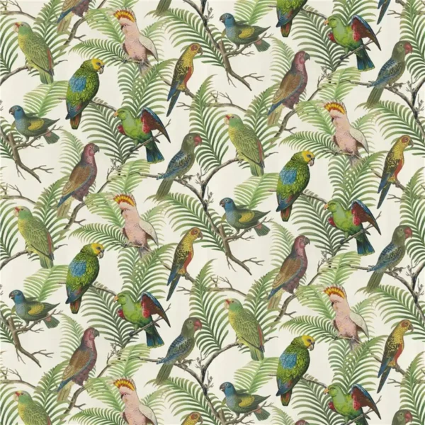 Parrot and Palm Fabric - Azure by green animal cotton fabric from John Derian