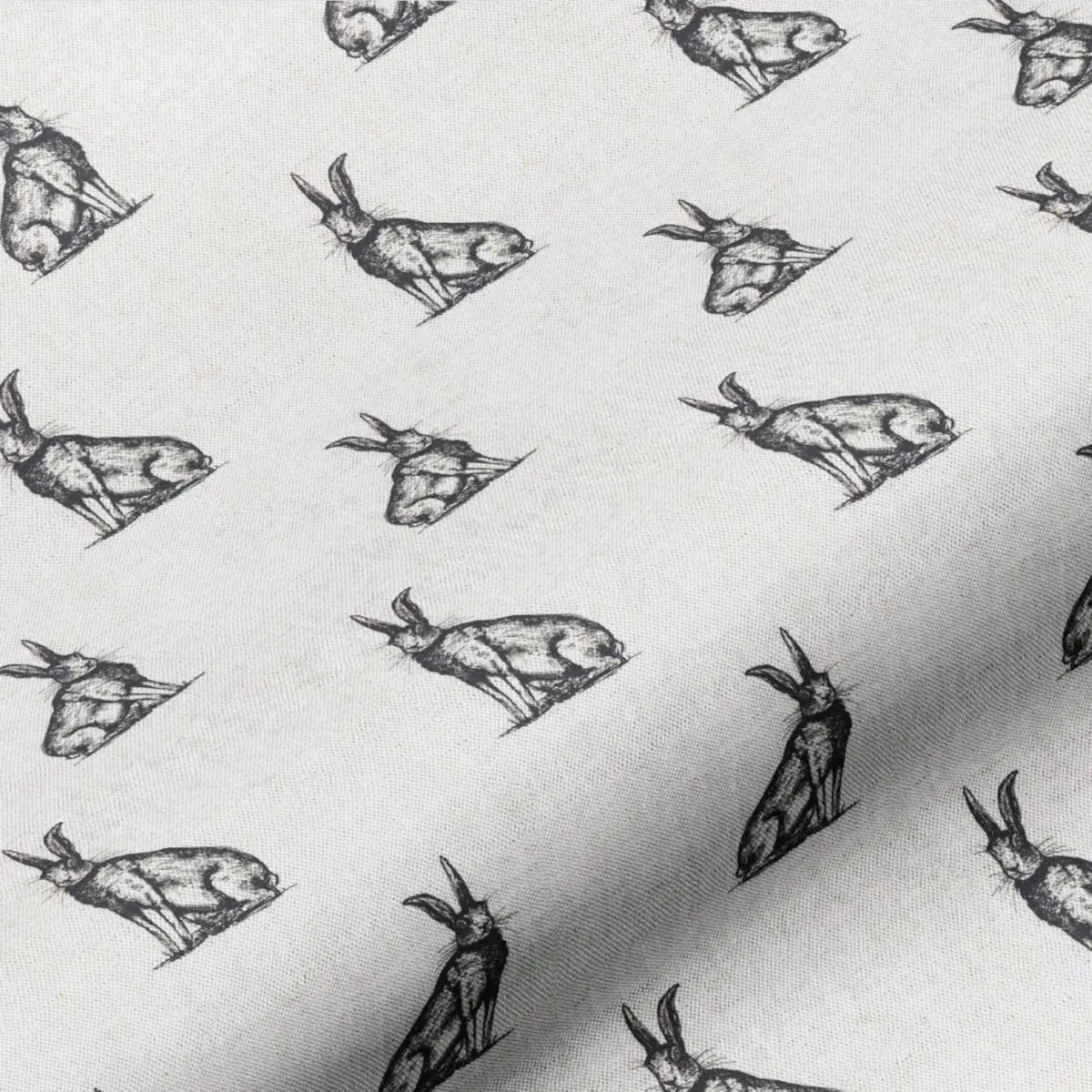 Horace Hare Fabric - Black / Natural by black-grey animal cotton fabric from Art of the Loom
