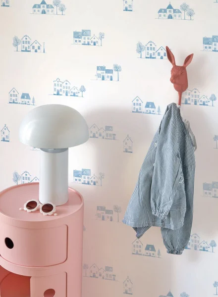Walk In The Village Wallpaper - Bleu Doux by blue children's wallpaper