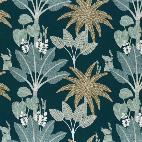 Olinda Fabric - Navy by blue botanical embroideried fabric from Camengo