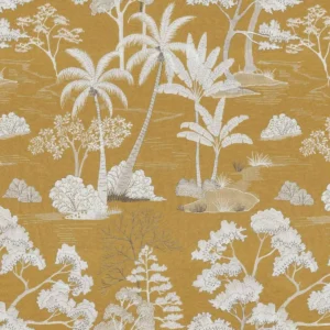 yellow botanical embroideried fabric from Casamance