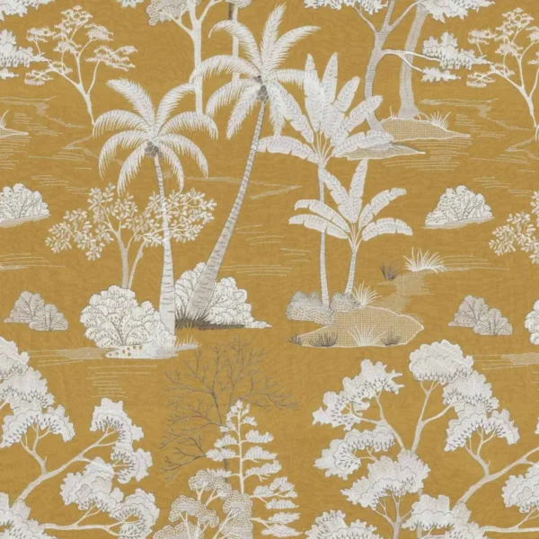 Larimar Fabric - Jaune Or by yellow botanical embroideried fabric from Casamance