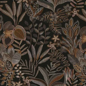 black-grey botanical embroideried fabric from Casamance