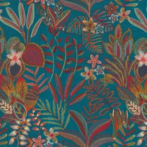 blue botanical embroideried fabric from Casamance