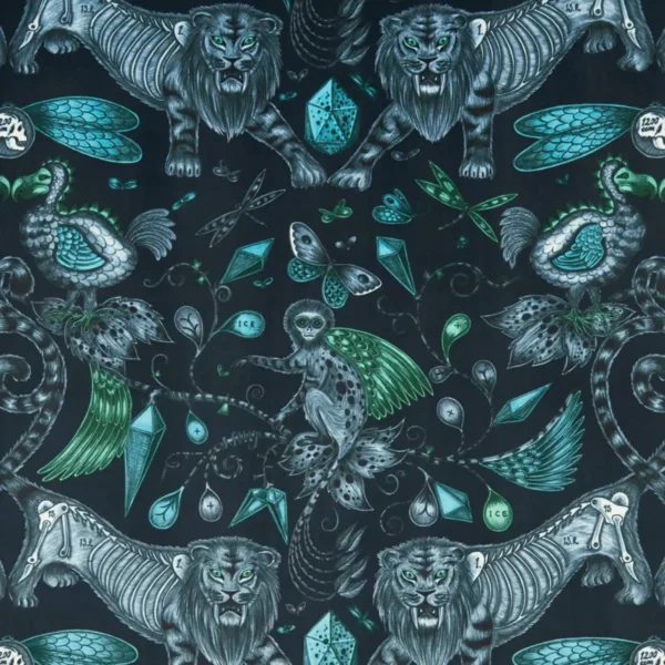 Extinct Fabric - Navy Velvet by blue animal velvet-chenille fabric from Emma Shipley
