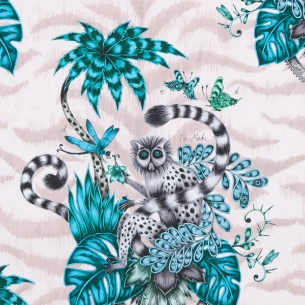 Lemur Fabric - Pink by multicolour animal cotton fabric from Emma Shipley