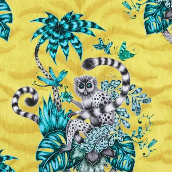 Lemur Fabric - Lime by yellow animal cotton fabric from Emma Shipley