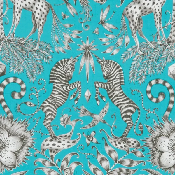 Kruger Fabric - Teal by blue animal cotton fabric from Emma Shipley