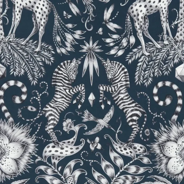 Kruger Fabric - Navy by black-grey animal cotton fabric from Emma Shipley