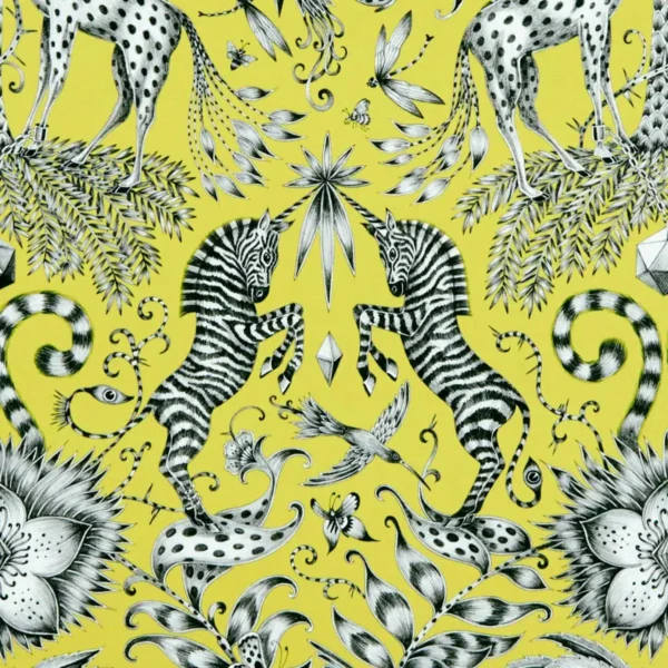yellow animal cotton fabric from Emma Shipley