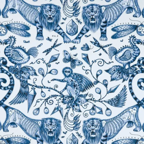 Extinct Fabric - Blue by blue animal cotton fabric from Emma Shipley