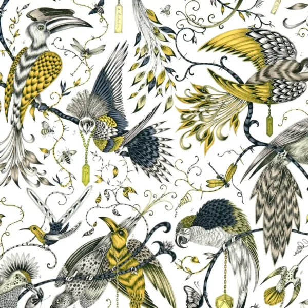 Audubon Fabric - Gold by black-grey animal cotton fabric from Emma Shipley