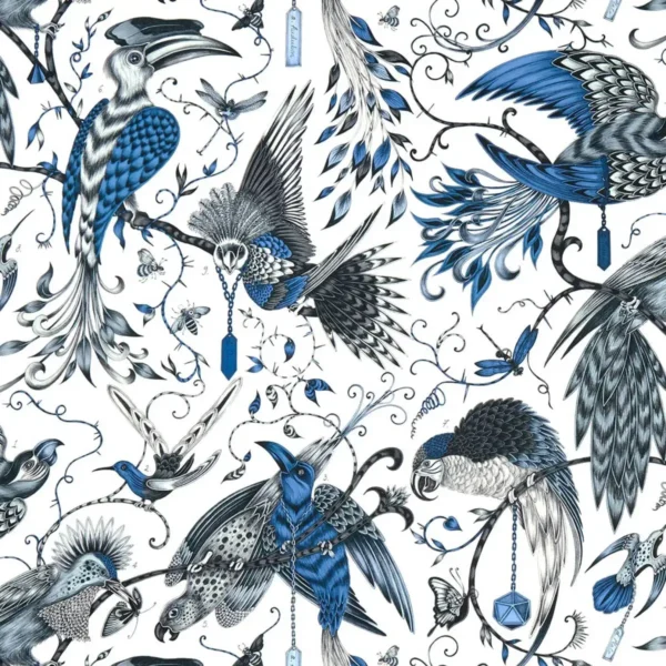 Audubon Fabric - Blue by black-grey animal cotton fabric from Emma Shipley