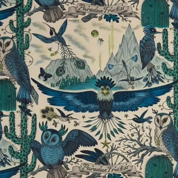 Frontier Linen Fabric - Blue by blue animal linen fabric from Emma Shipley