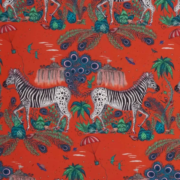 Lost World Fabric - Red by multicolour animal cotton fabric from Emma Shipley