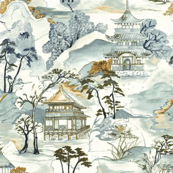 Nara Wallpaper - Blanc / Celadon by green traditional wallpaper from casamance