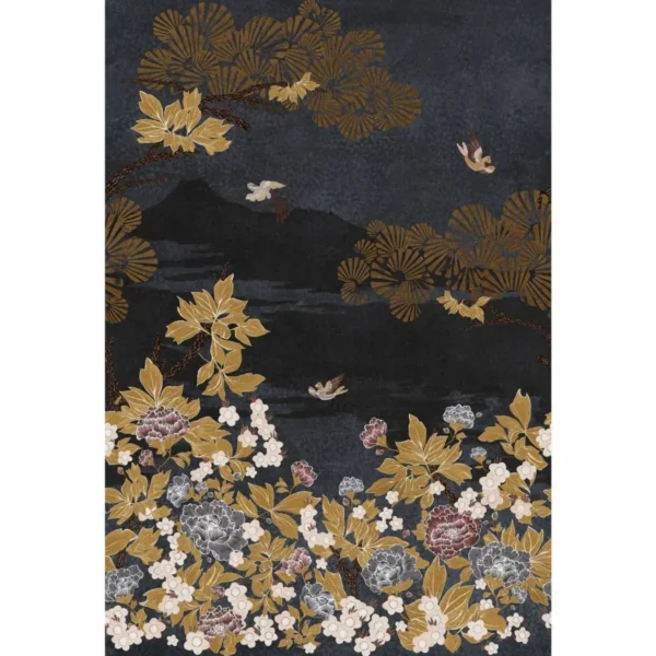 Kansai Wallpanel - Bleu by black-grey botanical wallpaper from casamance