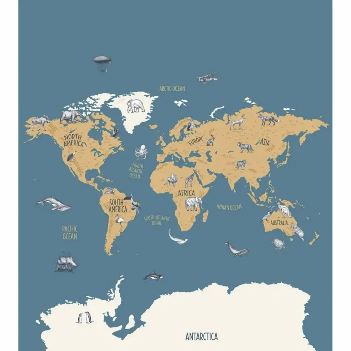 World Map Wallpanel - Bleu / Beige swatch
