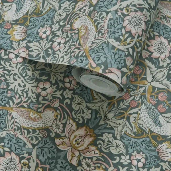 Strawberry Thief Wallpaper - Slate / Blush by Strawberry Thief Wallpaper - Slate / Blush from