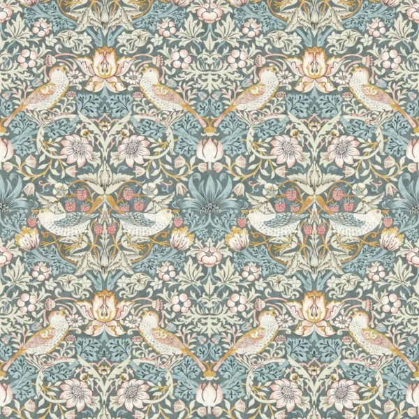 Strawberry Thief Wallpaper - Slate / Blush by blue animal wallpaper from clarke & clarke