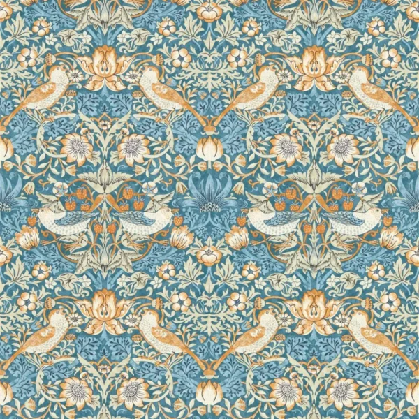 Strawberry Thief Wallpaper - Denim / Spice by blue animal wallpaper from clarke & clarke