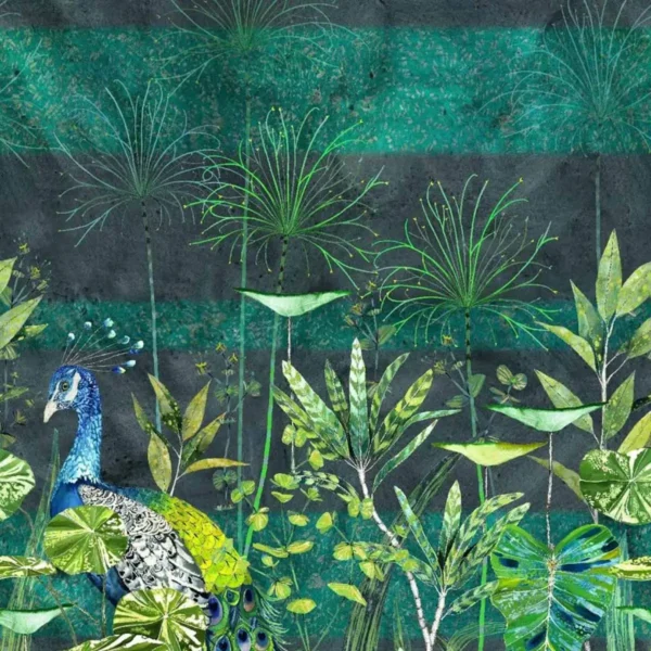 Arjuna Leaf with Peacock Wallpanel - Viridian by green botanical wallpaper from designers guild